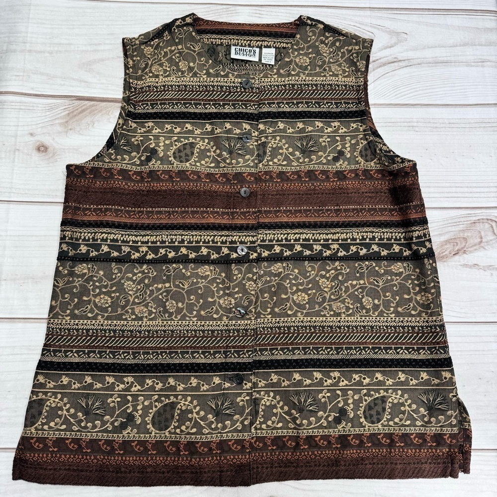 Chico’s Design Brown Black and Gold Paisley Tapestry Boho Southwestern Vest